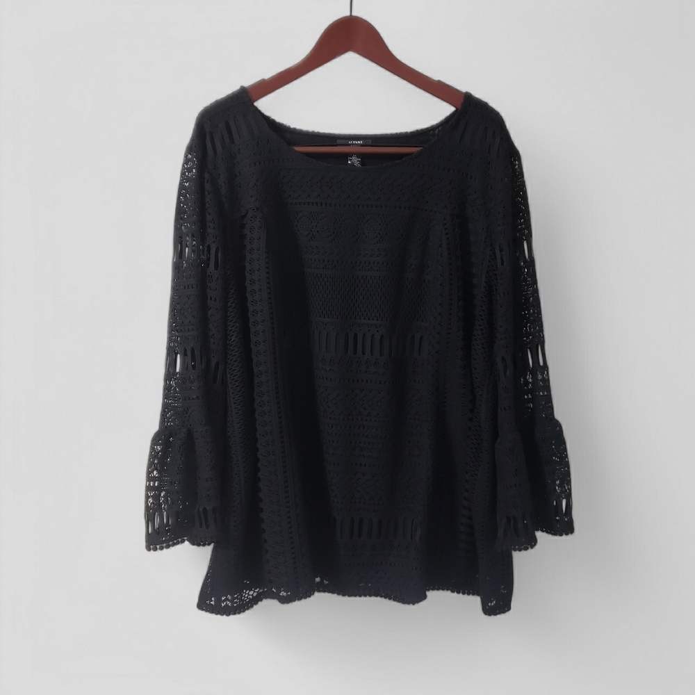 Alfani‎ 3X Black Crochet Open Knit Top Bell Sleeve Blouse Witchy Whimsigoth